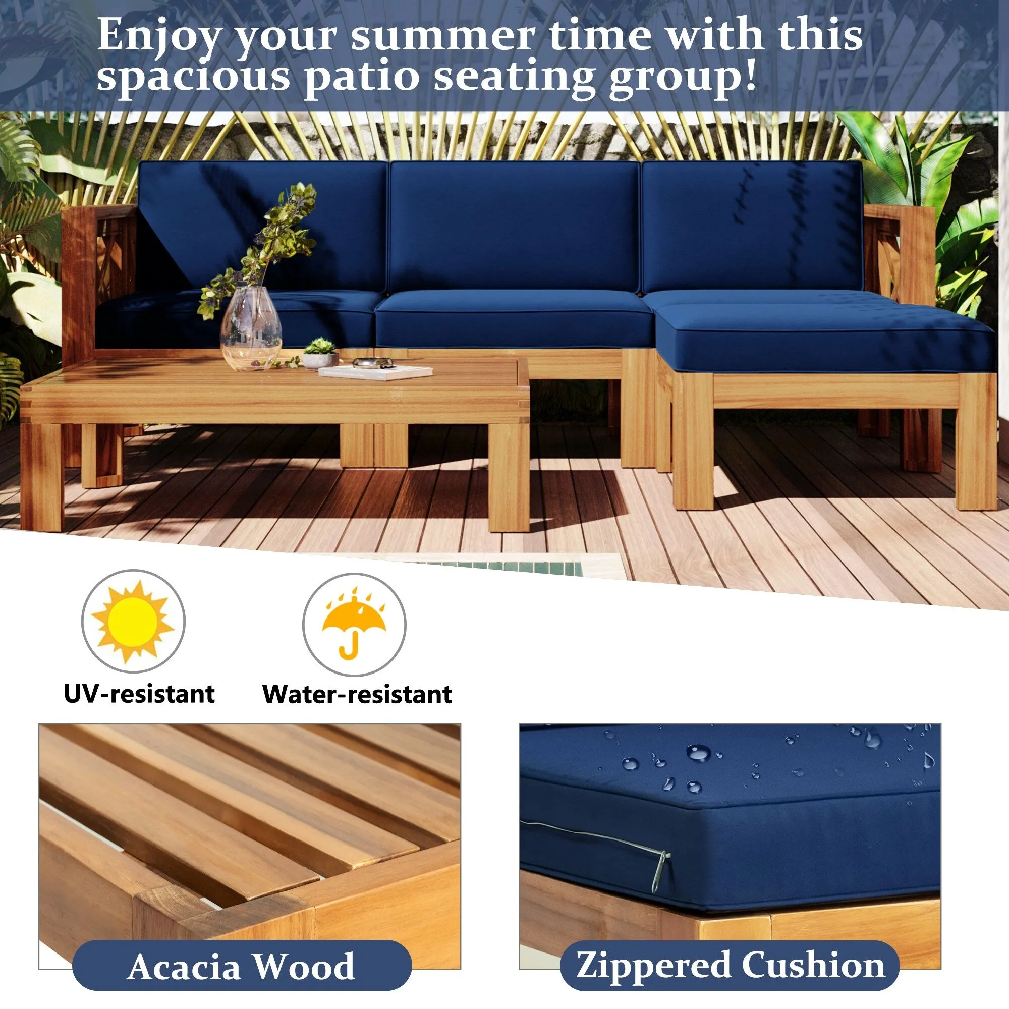 Wooden Sectional Sofa with Chaise Lounge Seating Group Set wEnd Table
