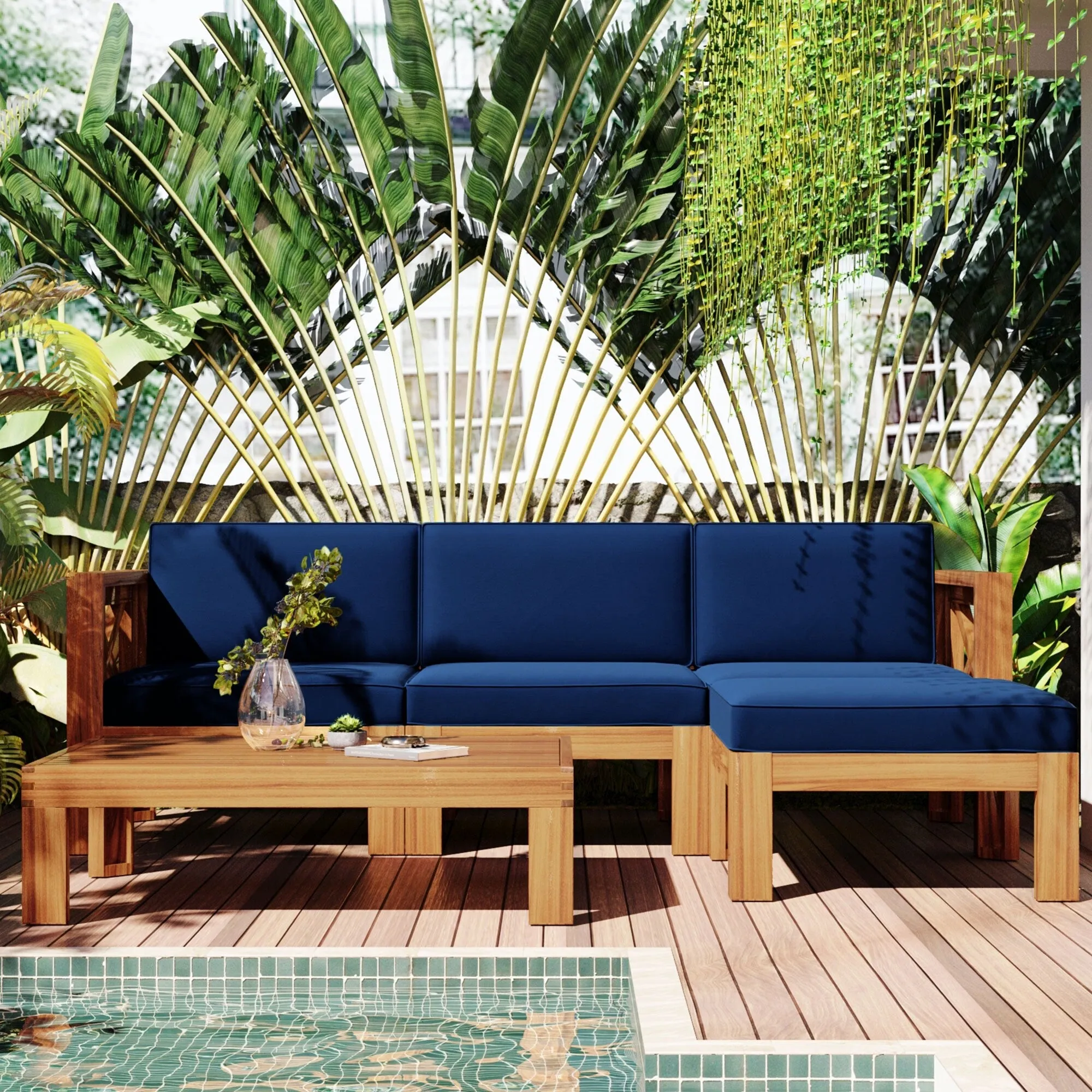Wooden Sectional Sofa with Chaise Lounge Seating Group Set wEnd Table