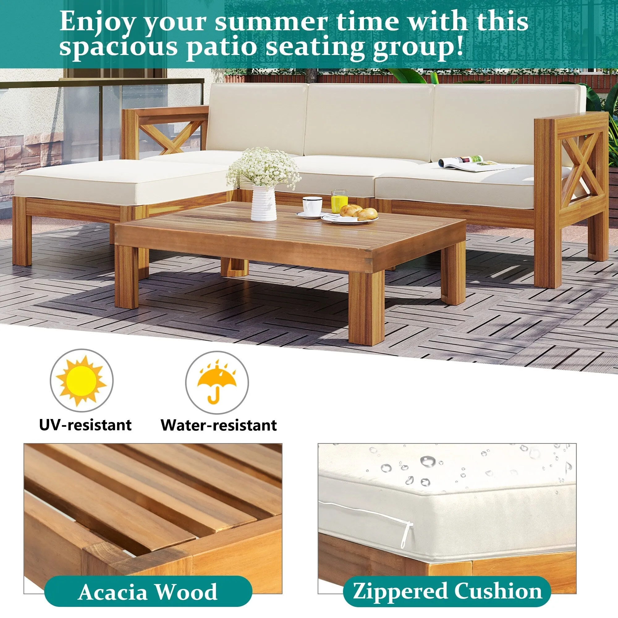 Wooden Sectional Sofa with Chaise Lounge Seating Group Set wEnd Table