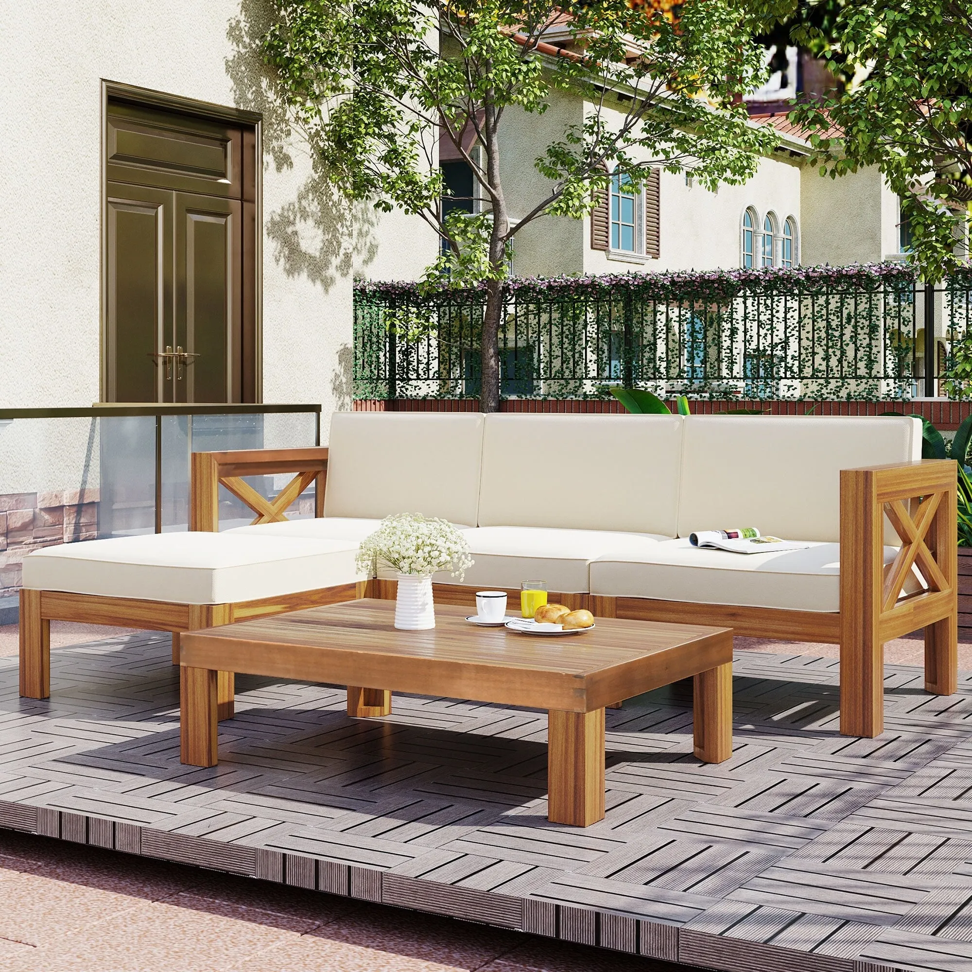 Wooden Sectional Sofa with Chaise Lounge Seating Group Set wEnd Table