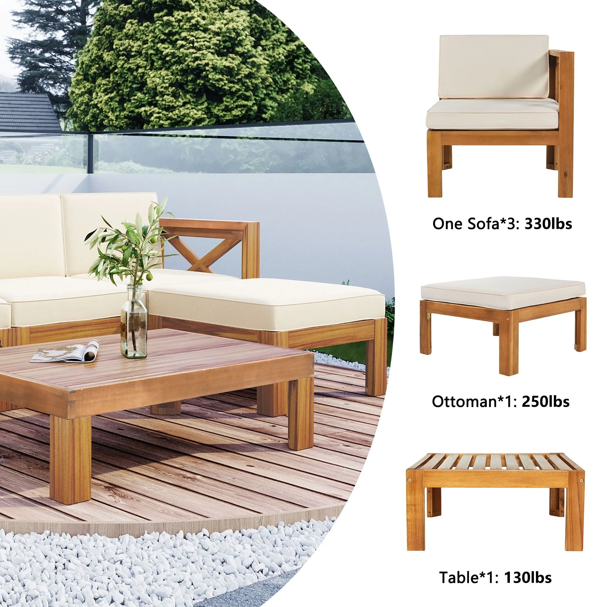 Wooden Sectional Sofa with Chaise Lounge Seating Group Set wEnd Table