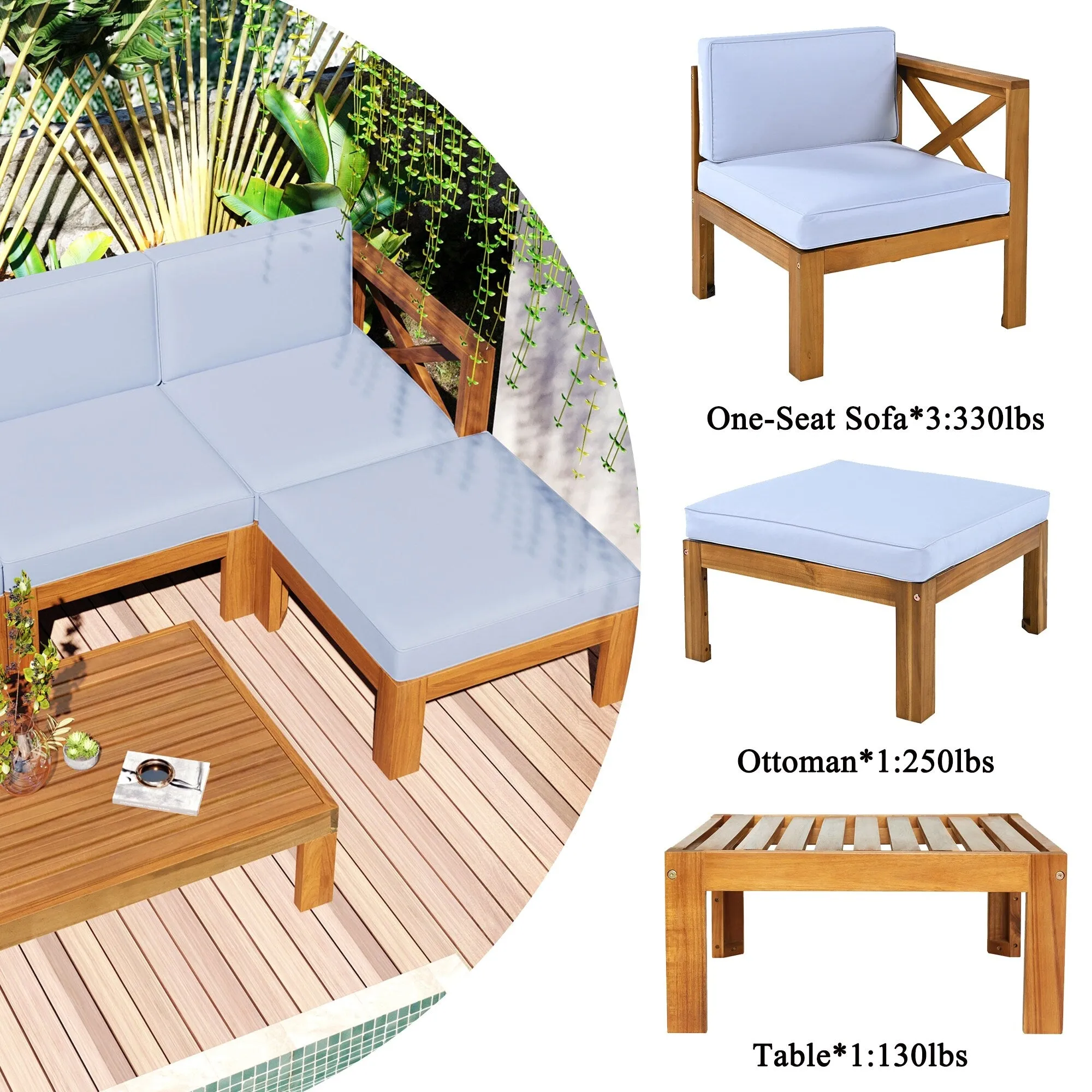 Wooden Sectional Sofa with Chaise Lounge Seating Group Set wEnd Table