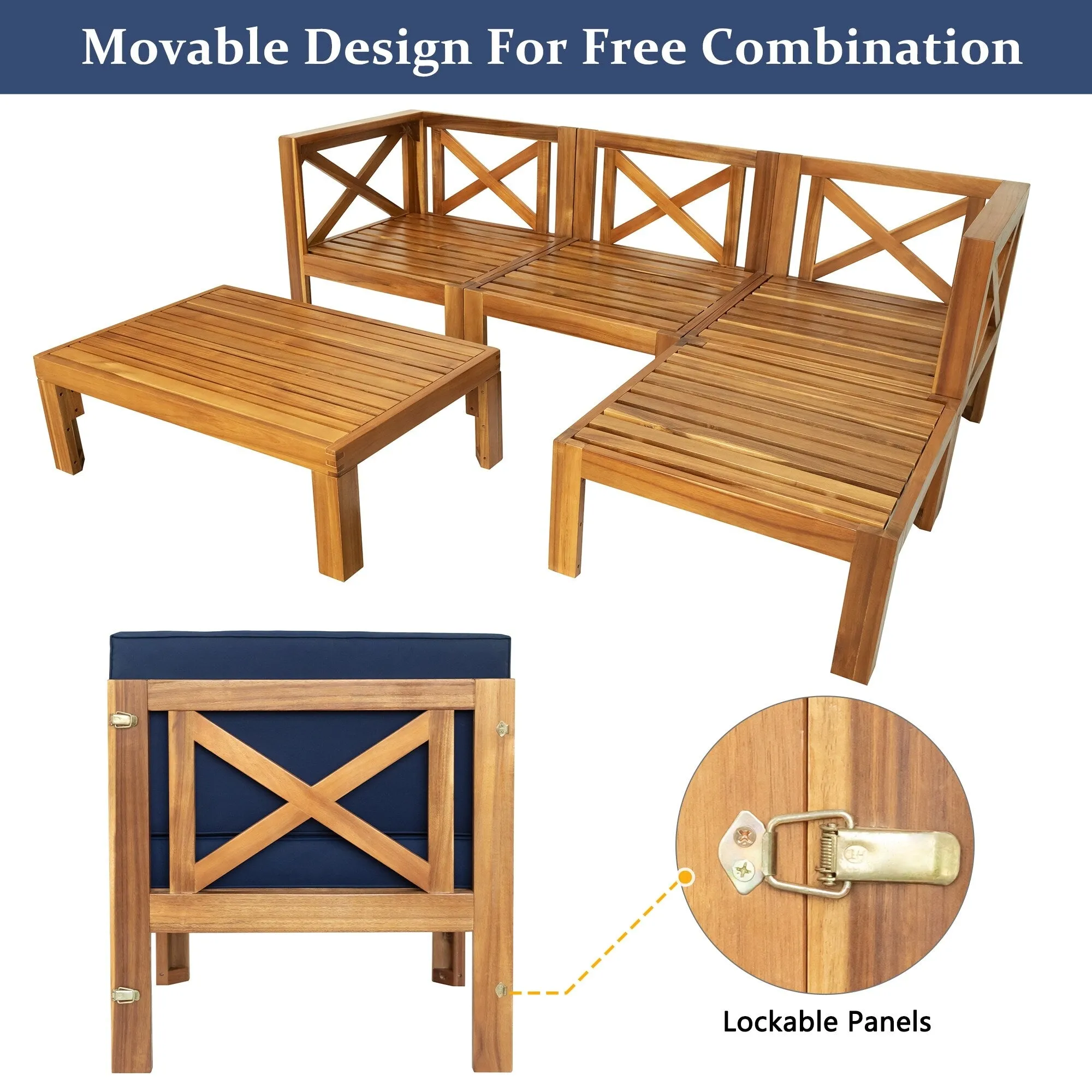 Wooden Sectional Sofa with Chaise Lounge Seating Group Set wEnd Table