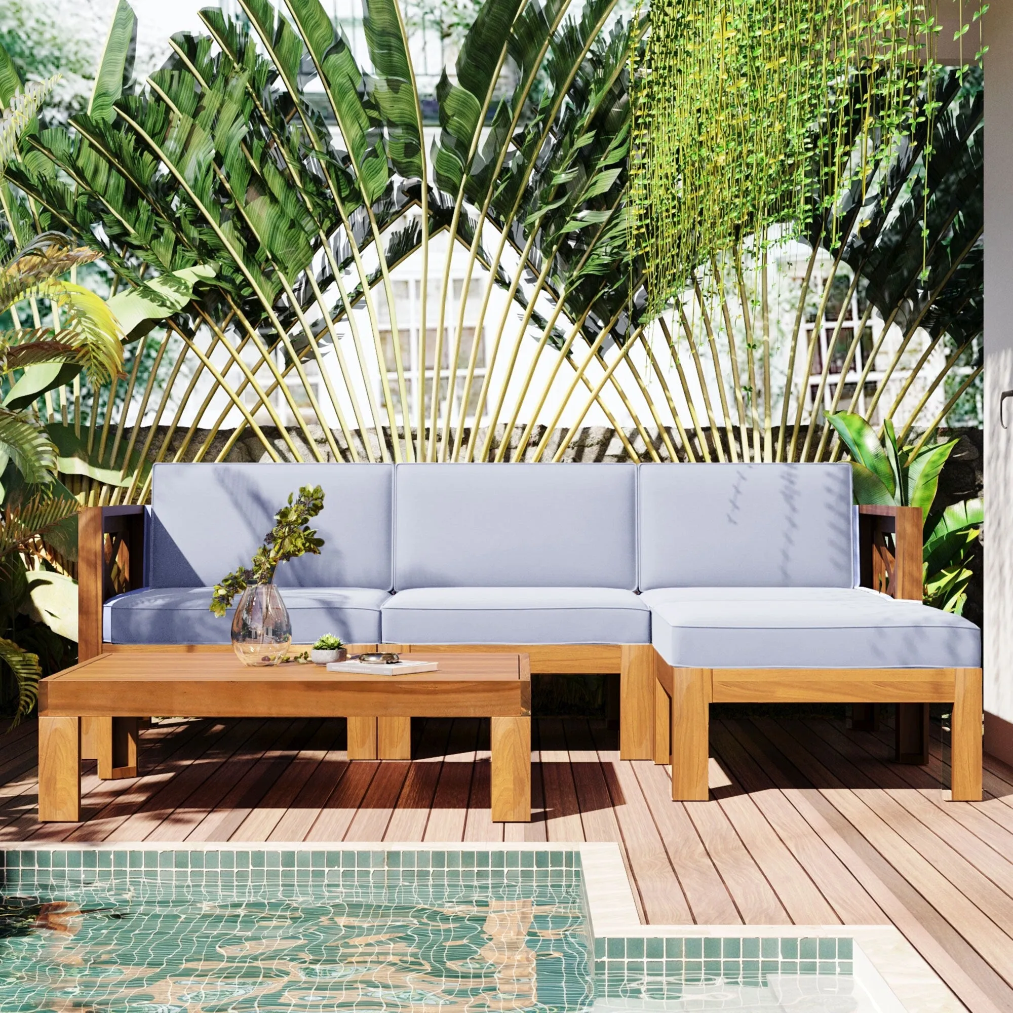 Wooden Sectional Sofa with Chaise Lounge Seating Group Set wEnd Table