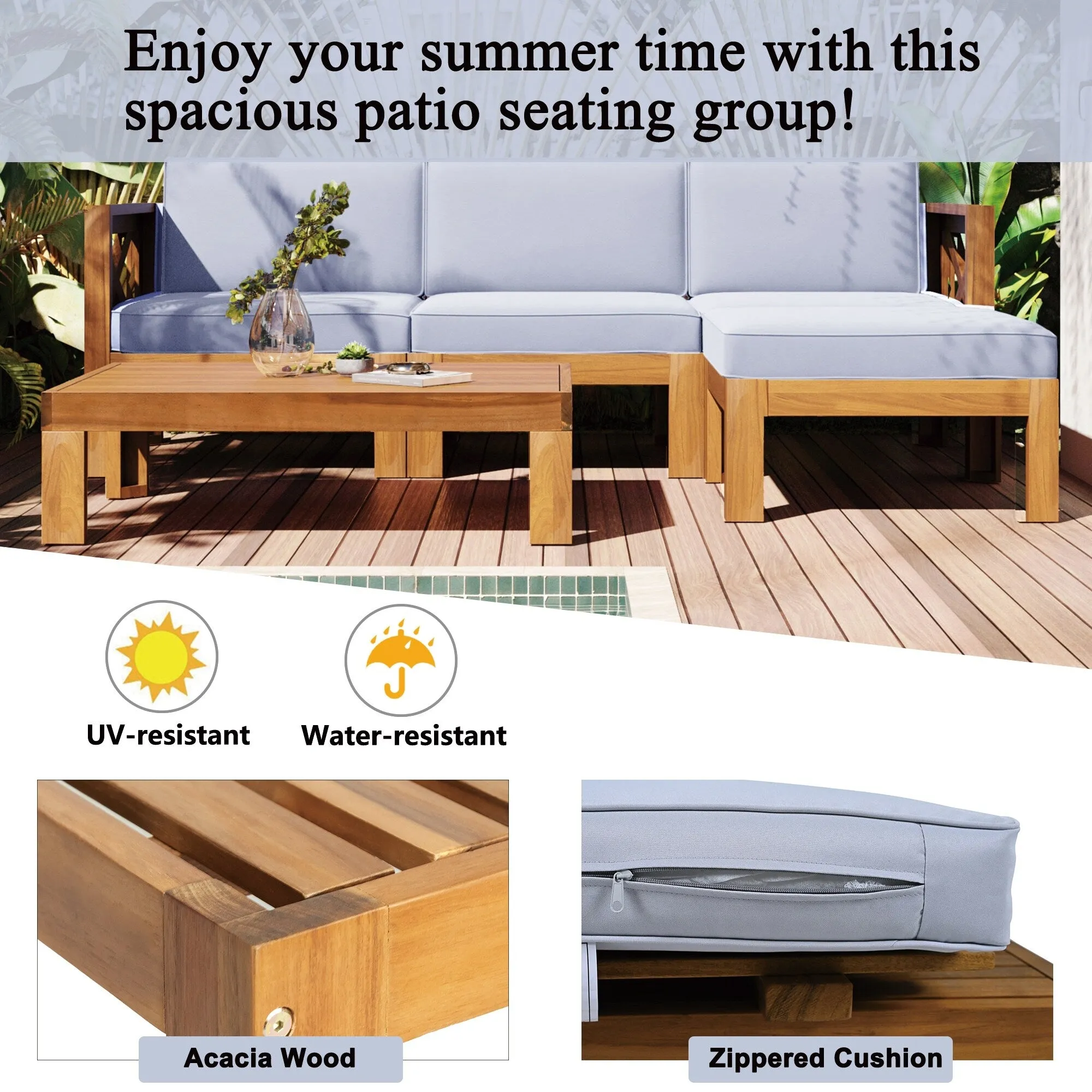 Wooden Sectional Sofa with Chaise Lounge Seating Group Set wEnd Table