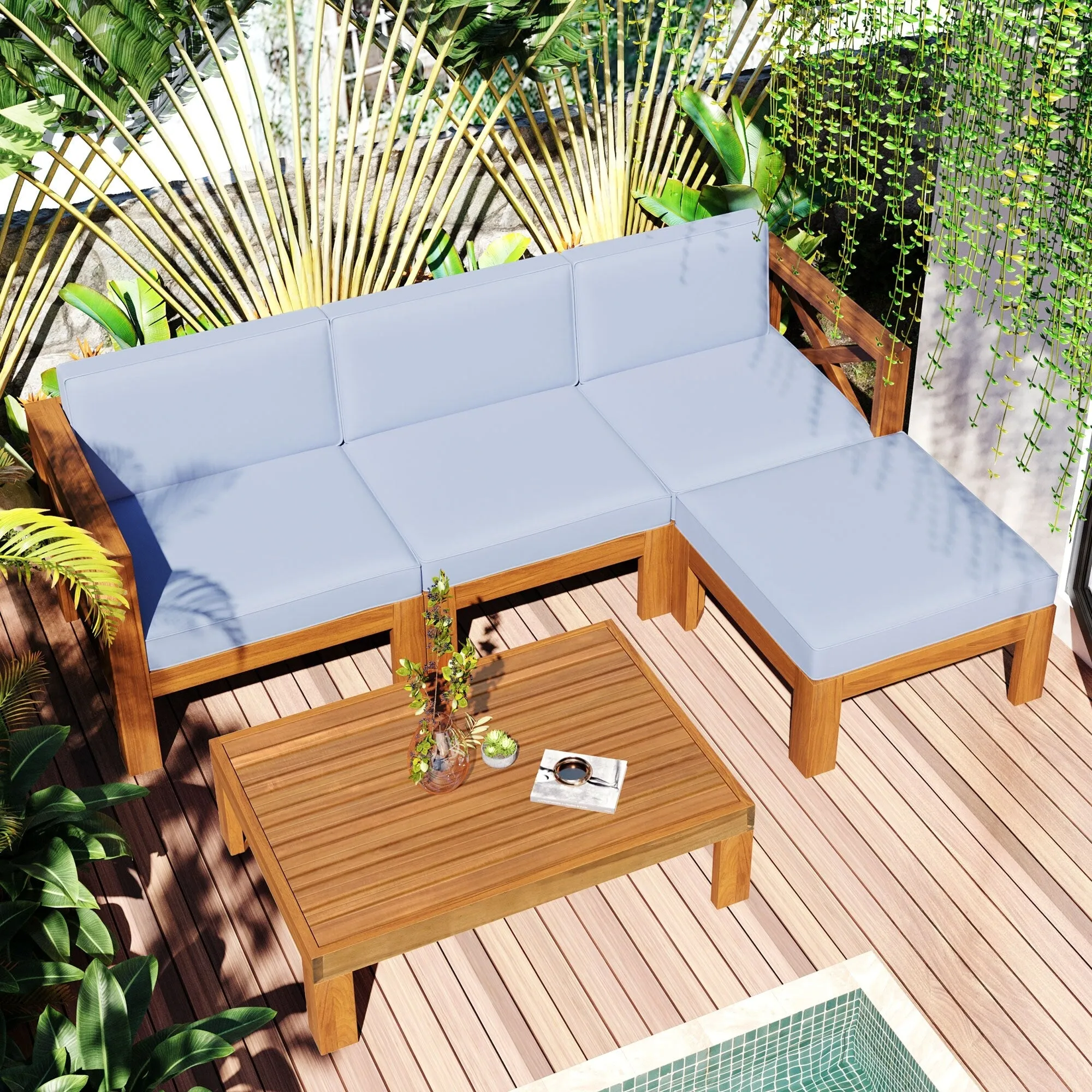 Wooden Sectional Sofa with Chaise Lounge Seating Group Set wEnd Table