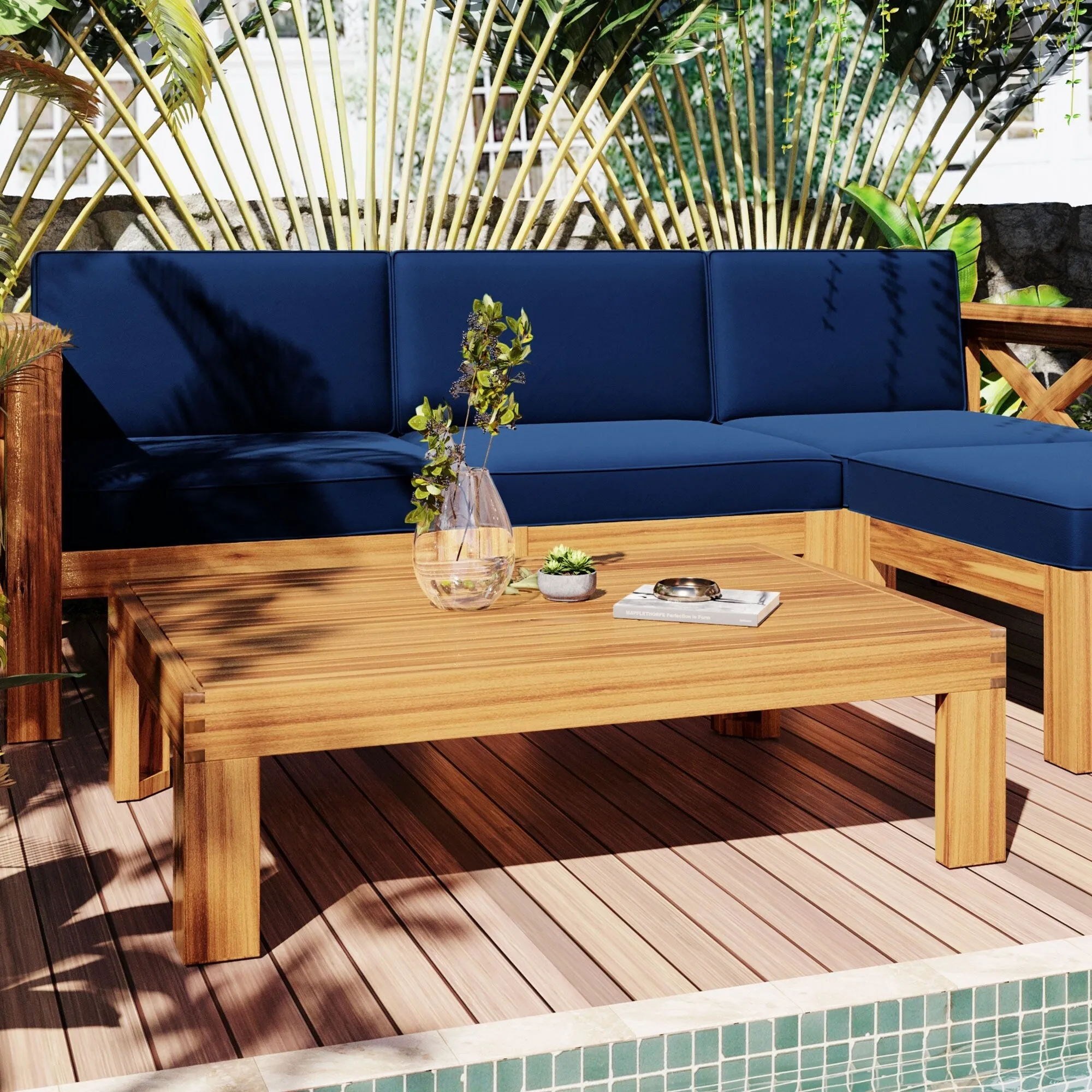 Wooden Sectional Sofa with Chaise Lounge Seating Group Set wEnd Table