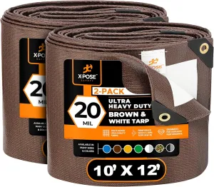 Xpose Safety 10' x 12' Ultra Heavy Duty Tarp (2-Pack) - 20 Mil Waterproof Tarps for Camping, Outdoor Adventures & Tent Cover, UV Protection, Reinforced Corners, All-Weather Durability