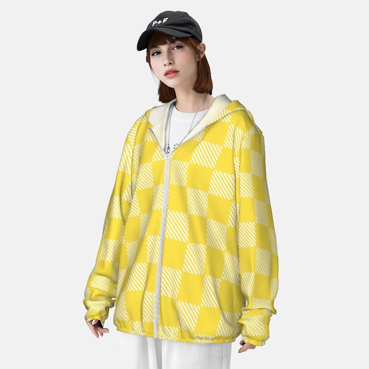 Yellow and White Race Checkered Flag Sun Protection Hoodie Women Long Sleeve Uv Shirts Jacket Hooded Hiking Outdoor