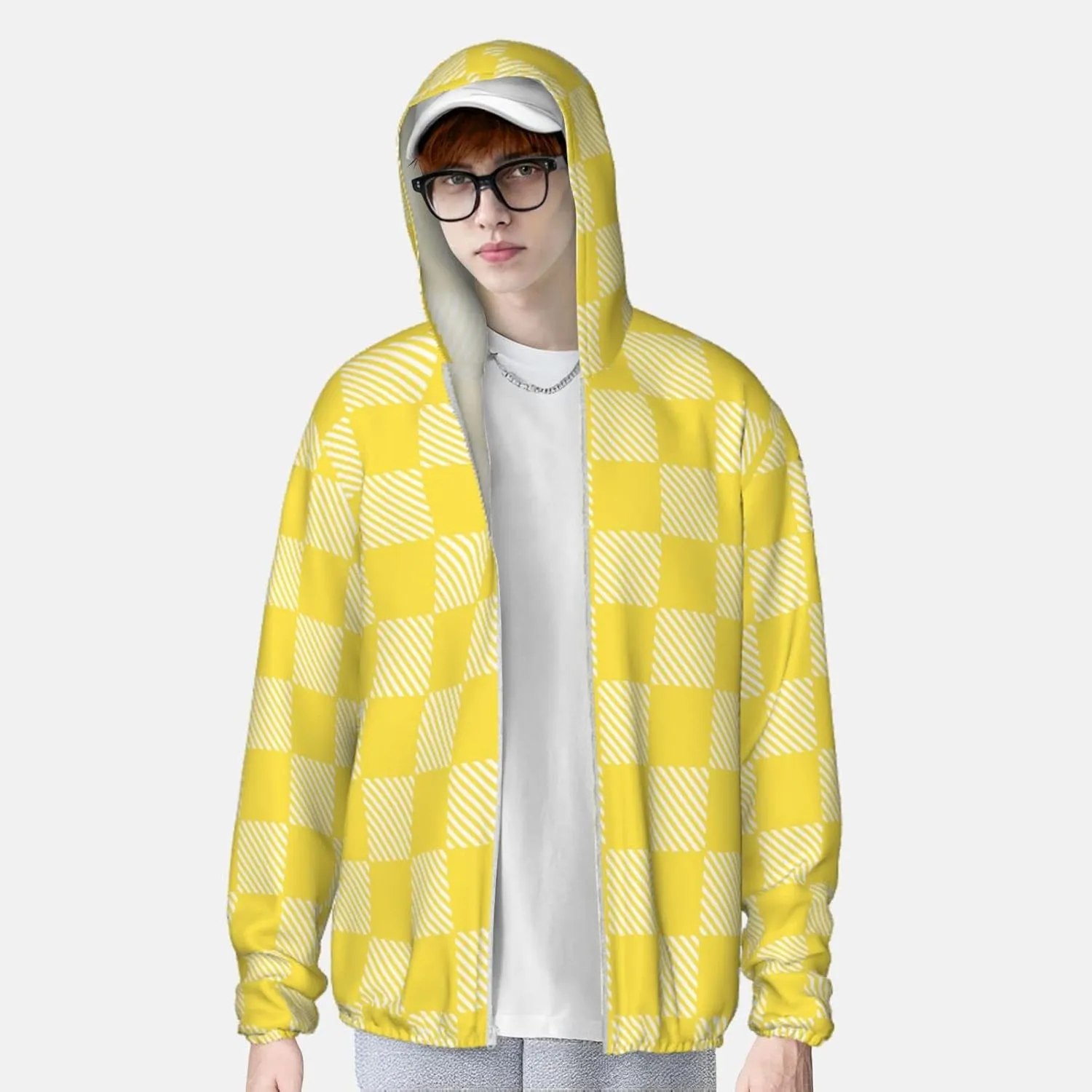 Yellow and White Race Checkered Flag Sun Protection Hoodie Women Long Sleeve Uv Shirts Jacket Hooded Hiking Outdoor