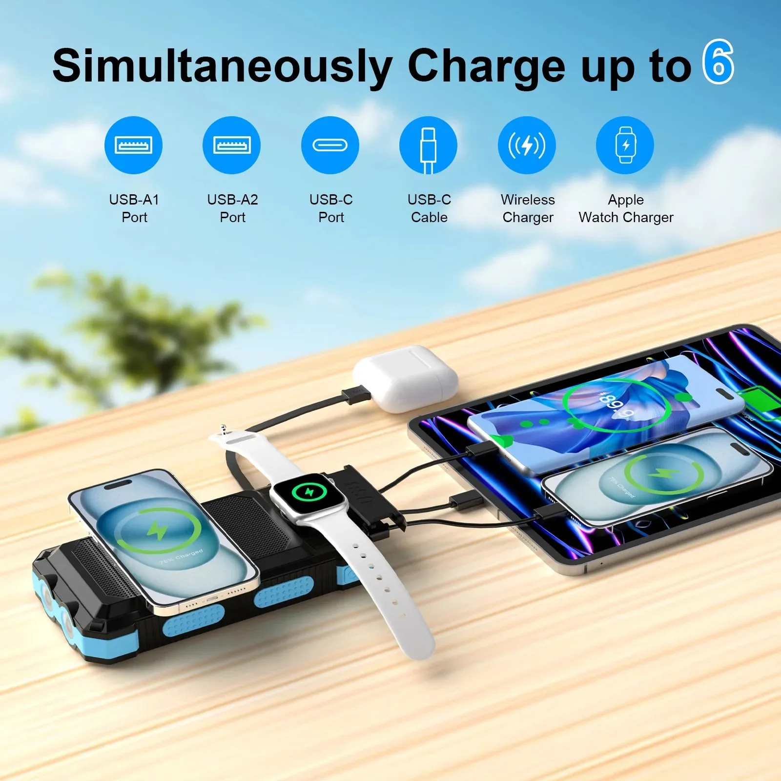 Yelomin 49800mAh Solar Power Bank Portable Charger with Wireless Charger for Apple Watch,iPhone,Fast Charging Travel Battery Pack with Camping Flashlight,Compatible with All Mobile Phones（Blue)