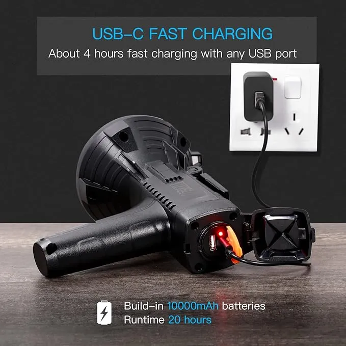 YIERBLUE Rechargeable Spotlight Flashlight 900000 High Lumen with Side Flood Light, IP66 Waterproof Spot Lights 20 Hours Long Lasting, with Foldable Stand and Detachable Red Filter