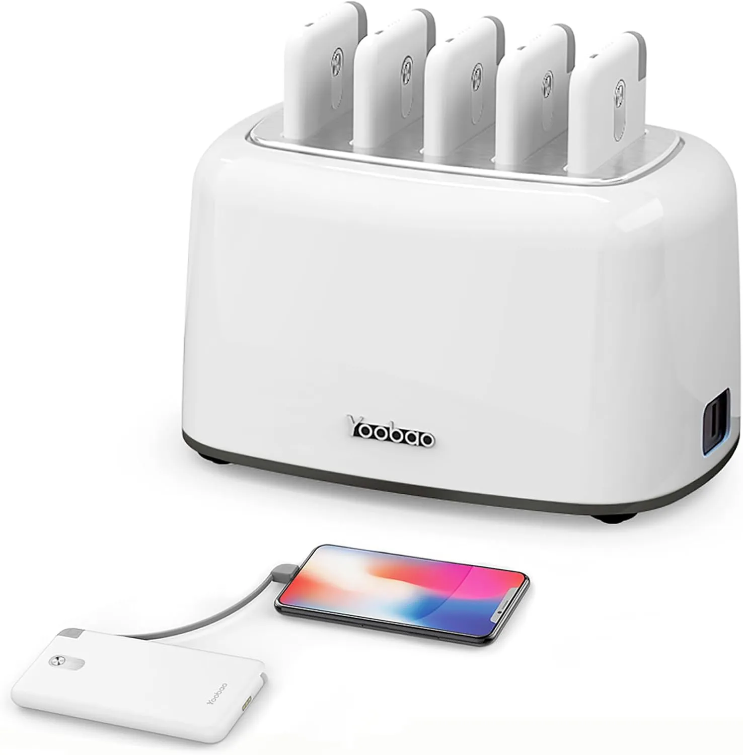 Yoobao Portable Charger Station with 5 Pack Shared Slim Power Banks Built-in Cable 10000mAh for iPhone, Family-Size Battery Pack Charging Dock Kit for Home Party Business Office Restaurant Pub
