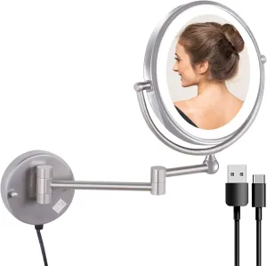 YSUEFIJO Rechargeable Wall Mounted Lighted Makeup Vanity Mirror, Double Sided 1X/3X/5X/7X/10X Magnifying Mirror, Shaving Light up Mirror, Extended Arm 360 Rotation, Portable Cosmetic Mirror