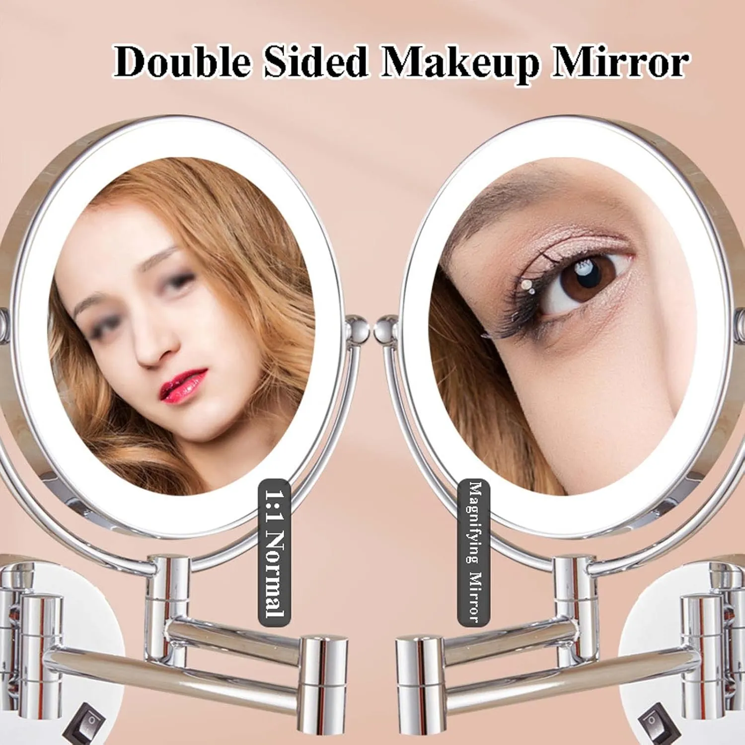 YSUEFIJO Rechargeable Wall Mounted Lighted Makeup Vanity Mirror, Double Sided 1X/3X/5X/7X/10X Magnifying Mirror, Shaving Light up Mirror, Extended Arm 360 Rotation, Portable Cosmetic Mirror