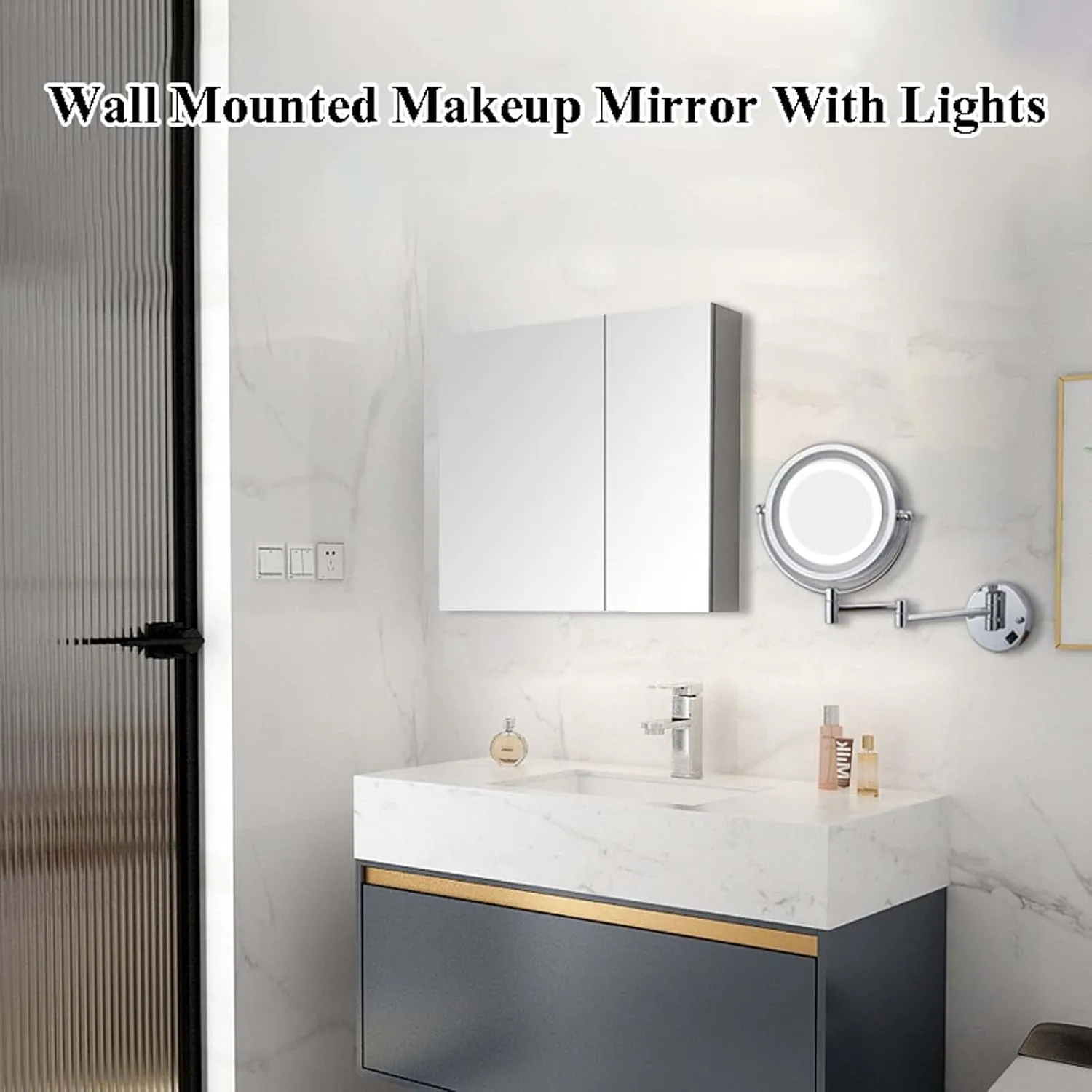 YSUEFIJO Rechargeable Wall Mounted Lighted Makeup Vanity Mirror, Double Sided 1X/3X/5X/7X/10X Magnifying Mirror, Shaving Light up Mirror, Extended Arm 360 Rotation, Portable Cosmetic Mirror