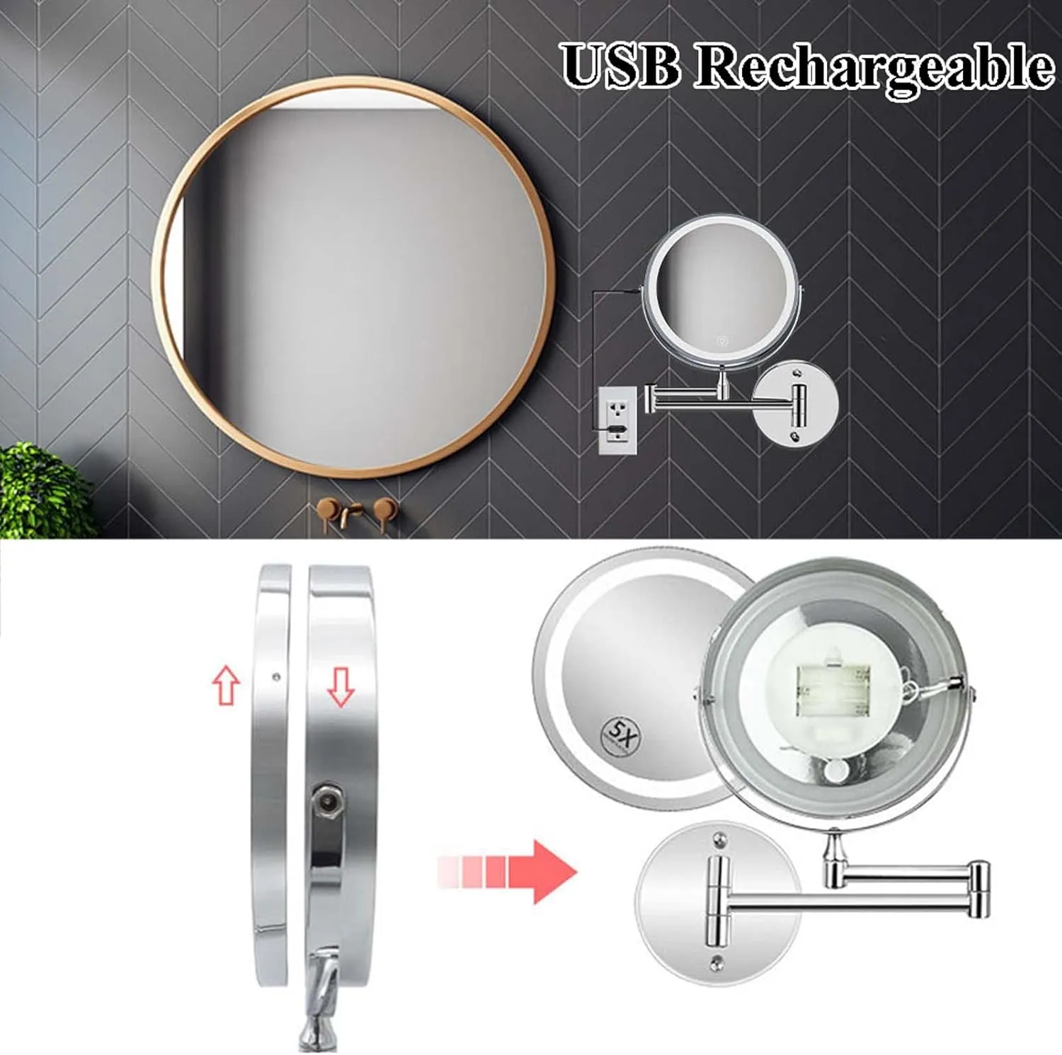 YSUEFIJO Rechargeable Wall Mounted Lighted Makeup Vanity Mirror, Double Sided 1X/3X/5X/7X/10X Magnifying Mirror, Shaving Light up Mirror, Extended Arm 360 Rotation, Portable Cosmetic Mirror