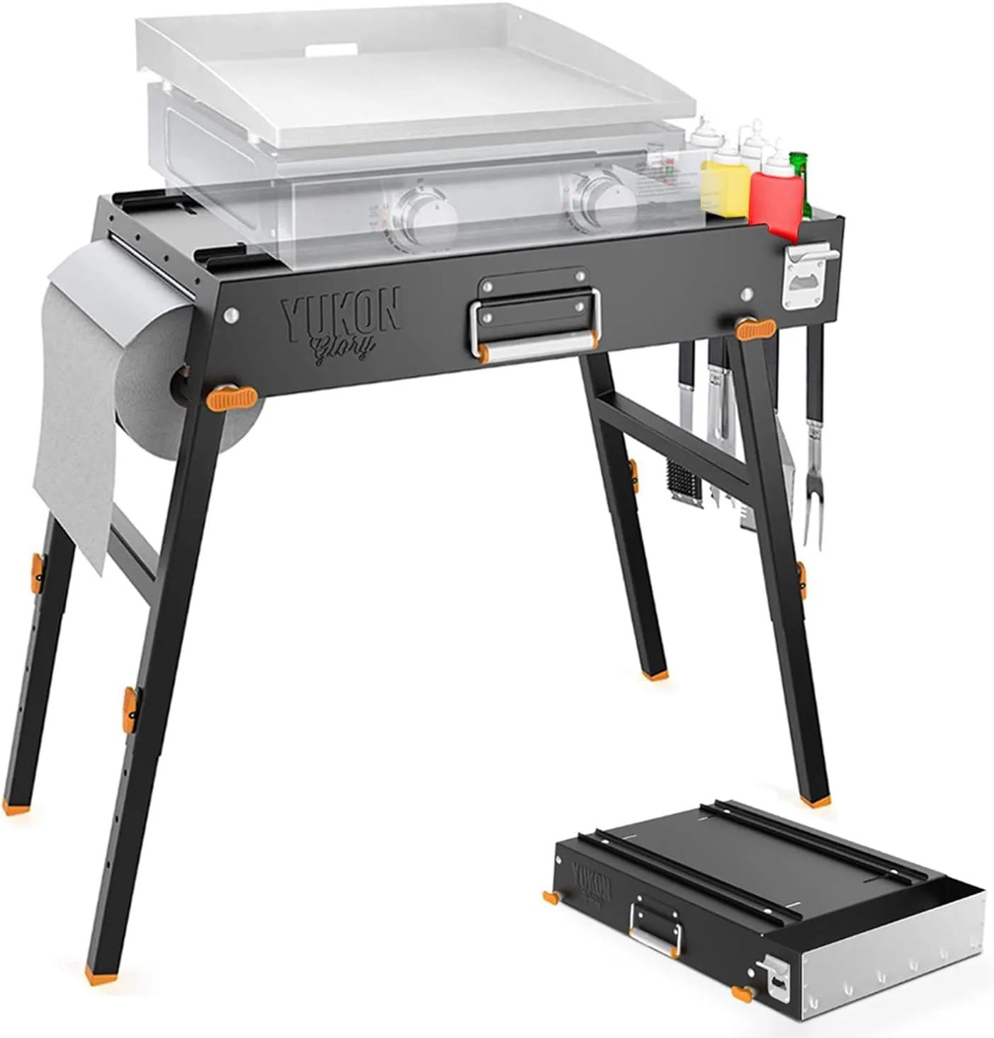 Yukon Glory™ Universal Portable Grill Table/Flat Top Grill Griddles Stand with Built in Grill Caddy - Designed to Fit Tabletop Blackstone Griddle & Many Others - Outdoor Cooking Camping & Tailgating