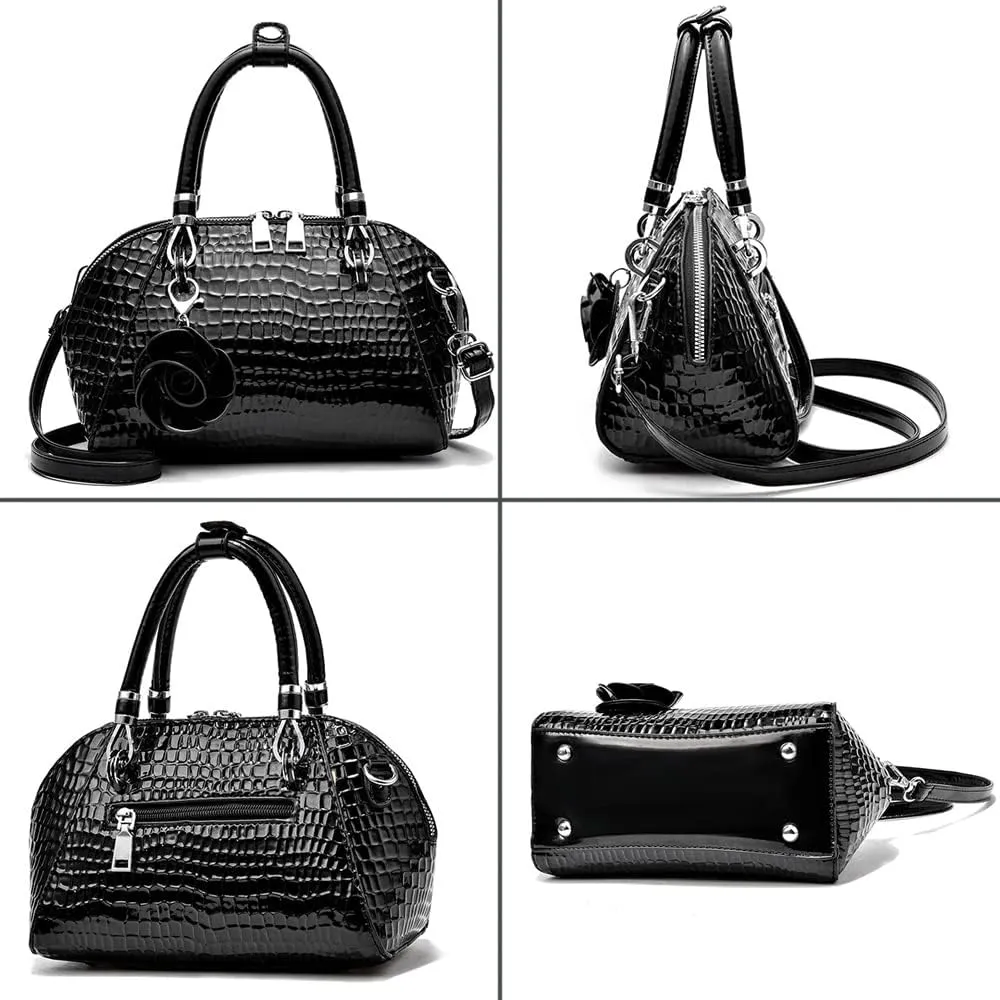 ZiMing® Women Handbag Snake Print Shoulder Bag Crocodile Leather Top Handle Handbag Rose Pendant Purse