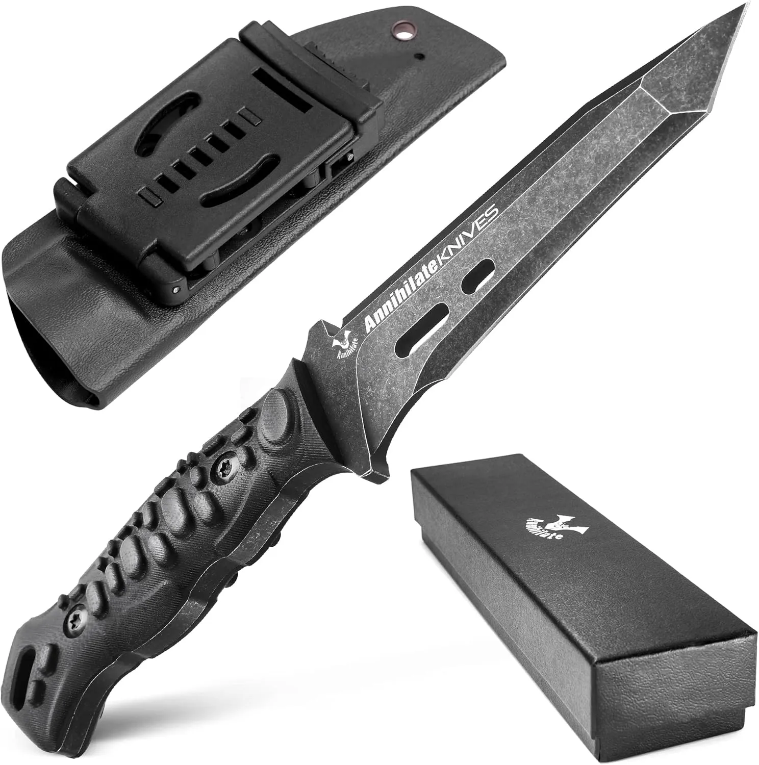 ZUNE LOTOO Tactical Survival Knife with Kydex Sheath, D2 Steel Fixed Blade Knives & G10 Handle, Full Tang Knife for Men Camping Hiking Hunting Bushcraft Black
